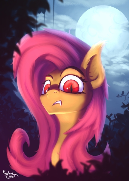 Size: 1920x2688 | Tagged: safe, artist:kridershot, derpibooru import, fluttershy, bat pony, pony, bat ponified, bust, ear fluff, fangs, female, flutterbat, full moon, looking at you, mare, moon, night, outdoors, race swap, red eyes, slit eyes, solo, three quarter view
