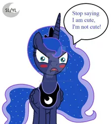 Size: 600x660 | Tagged: safe, artist:princesslunayay, derpibooru import, princess luna, alicorn, pony, angry, blatant lies, blushing, crown, cute, denial, denial's not just a river in egypt, deviantart, deviantart watermark, dialogue, ethereal mane, female, i'm not cute, jewelry, logo, looking at you, lunabetes, lying, mare, necklace, obtrusive watermark, regalia, simple background, solo, speech bubble, starry mane, talking, talking to viewer, text, tsundere, watermark, white background