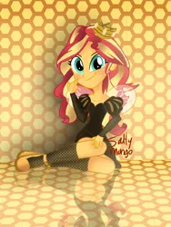 Size: 1536x2048 | Tagged: safe, artist:saltymango, derpibooru import, sunset shimmer, bee, insect, equestria girls, beehive, clothes, costume, crown, cute, dress, high heels, jewelry, looking at you, queen bee, regalia, shimmerbetes, shoes, sitting, smiling, solo