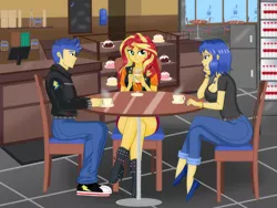 Size: 4000x3000 | Tagged: safe, artist:chuyryu, derpibooru import, flash sentry, sunset shimmer, oc, oc:lazuli melody, equestria girls, beverage, boots, cafe, cafeteria, clothes, coffee, converse, cup, female, flashimmer, food, high heel boots, male, milf, mother, mother and child, mother and son, mug, pastry, shipping, shoes, straight, tea