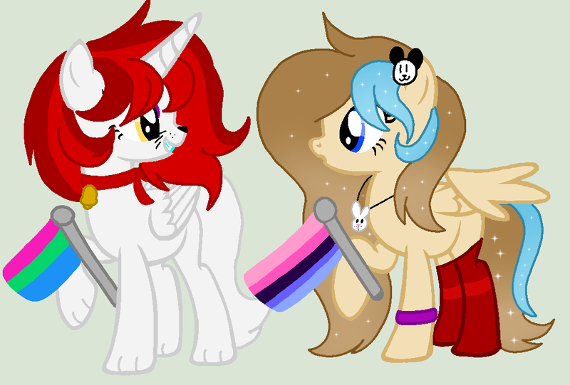 Size: 1076x728 | Tagged: safe, artist:circuspaparazzi5678, derpibooru import, oc, oc:lucky cat, oc:melody havana, alicorn, pegasus, pony, base used, bell, bracelet, clothes, collar, hairclip, jewelry, necklace, omnisexual, omnisexual pride flag, polysexual, polysexual pride flag, pride, pride flag, pride month, red socks, socks, sparkles