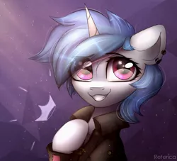 Size: 1652x1500 | Tagged: safe, artist:reterica, derpibooru import, oc, unofficial characters only, pony, unicorn, abstract background, bust, clothes, commission, ear piercing, earring, eye clipping through hair, female, jacket, jewelry, looking at you, mare, piercing, portrait, smiling, solo