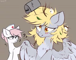 Size: 1024x818 | Tagged: dead source, safe, artist:hydrargyrum, artist:mysha, derpibooru import, derpy hooves, nurse redheart, earth pony, pegasus, pony, blushing, chest fluff, confused, cute, derpabetes, derpy being derpy, duo, female, image, jpeg, letter, mailbox, mare, messy mane, question mark, unamused