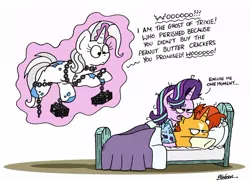 Size: 1024x745 | Tagged: safe, artist:bobthedalek, derpibooru import, starlight glimmer, sunburst, trixie, ghost, pony, undead, unicorn, a christmas carol, atg 2020, bed, bed mane, box, chains, disguise, female, flour, frustrated, frustration, inconvenient trixie, kite, levitation, magic, male, messy mane, newbie artist training grounds, self-levitation, shipping, starburst, starlight is not amused, straight, sunburst is not amused, telekinesis, that pony sure does love kites, that pony sure does love peanut butter crackers, this will end in pain, tired, unamused