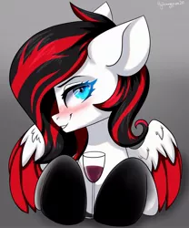 Size: 1706x2048 | Tagged: safe, artist:hydrargyrum, derpibooru import, oc, pegasus, pony, alcohol, blushing, explicit source, glass, looking at you, smiling, solo, wine, wine glass