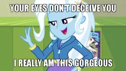 Size: 640x360 | Tagged: safe, derpibooru import, edit, edited screencap, screencap, trixie, equestria girls, equestria girls series, forgotten friendship, caption, clothes, cute, diatrixes, ego, hoodie, image macro, lockers, meme, narcissism, open mouth, poster, text, trixie yells at everything