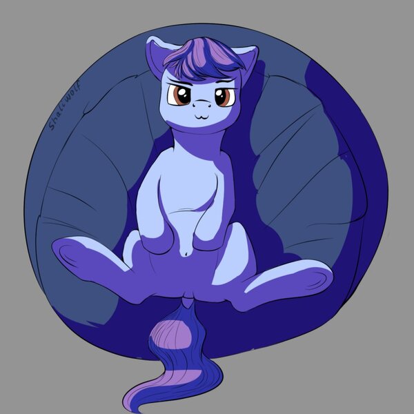 Size: 979x979 | Tagged: safe, artist:shaliwolf, derpibooru import, oc, unnamed oc, pony, beanbag chair, belly button, looking at you, simple background, solo