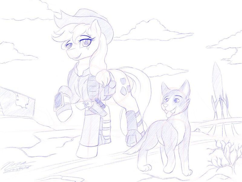 Size: 1024x768 | Tagged: safe, artist:novaintellus, derpibooru import, applejack, winona, dog, earth pony, pony, fallout equestria, atg 2020, duo, female, gun, handgun, little macintosh, mare, monochrome, newbie artist training grounds, pipbuck, raised hoof, revolver, rocket, weapon