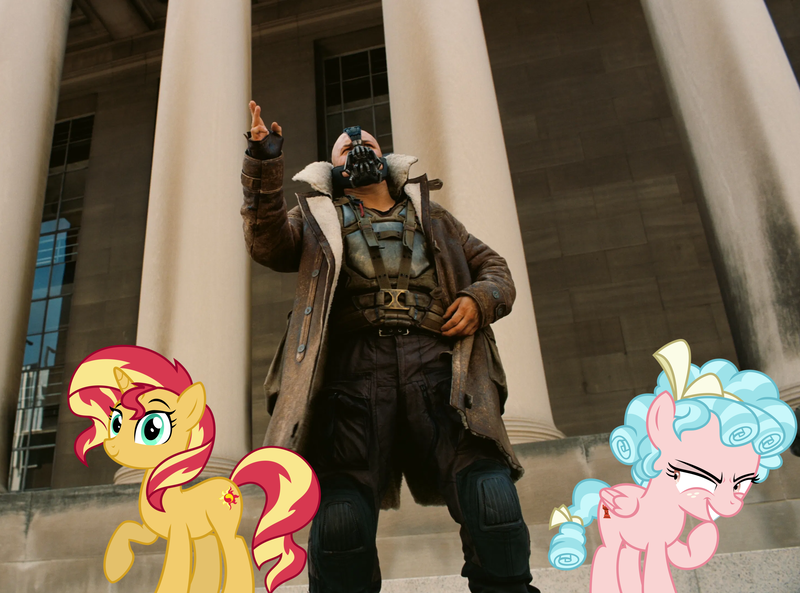 Size: 2908x2156 | Tagged: safe, artist:thor-disciple, derpibooru import, cozy glow, sunset shimmer, human, pegasus, pony, unicorn, bane, batman, clothes, costume, irl, irl human, photo, the dark knight rises