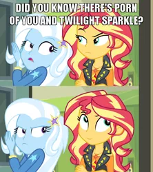 Size: 640x720 | Tagged: suggestive, derpibooru import, edit, edited screencap, screencap, sunset shimmer, trixie, equestria girls, equestria girls series, forgotten friendship, captain obvious, caption, comic, image macro, implied lesbian, implied shipping, implied sunsetsparkle, implied twilight sparkle, meme, no shit sherlock, screencap comic, smiling, smirk, text, trixie yells at everything