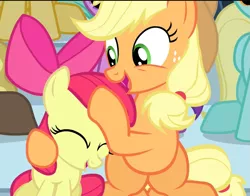 Size: 923x723 | Tagged: adorabloom, apple bloom, applejack, apple sisters, cropped, cute, derpibooru import, duo, equestria games (episode), eyes closed, female, jackabetes, noogie, open mouth, safe, screencap, siblings, sisters, sitting, smiling