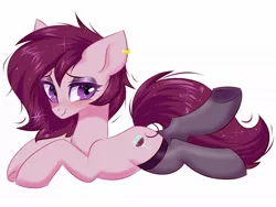 Size: 1200x900 | Tagged: safe, artist:hydrargyrum, derpibooru import, oc, oc:burgundy chalice, unofficial characters only, earth pony, pony, blushing, clothes, ear piercing, earring, jewelry, lidded eyes, piercing, simple background, smiling, socks, solo, stockings, sultry pose, thigh highs, underhoof, white background