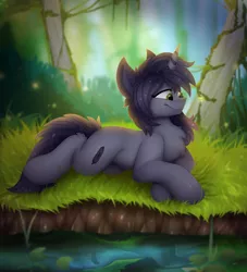 Size: 2000x2200 | Tagged: safe, artist:kianara, derpibooru import, oc, oc:kate, beetle, insect, pony, unicorn, cute, female, forest, grass, light, mare, river, scenery, smiling, solo