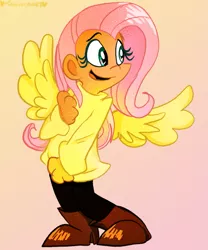 Size: 665x800 | Tagged: artist:mirabuncupcakes15, boots, clothes, cute, derpibooru import, female, fluttershy, gradient background, high heel boots, human, humanized, jeans, open mouth, pants, safe, shoes, shyabetes, solo, sweater, sweatershy, winged humanization, wings