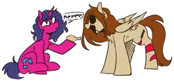 Size: 1518x708 | Tagged: safe, artist:redxbacon, artist:threetwotwo32232, derpibooru import, oc, oc:fizzy pop, oc:red, unofficial characters only, pegasus, pony, unicorn, female, mare, simple background, transparent background, zalgo