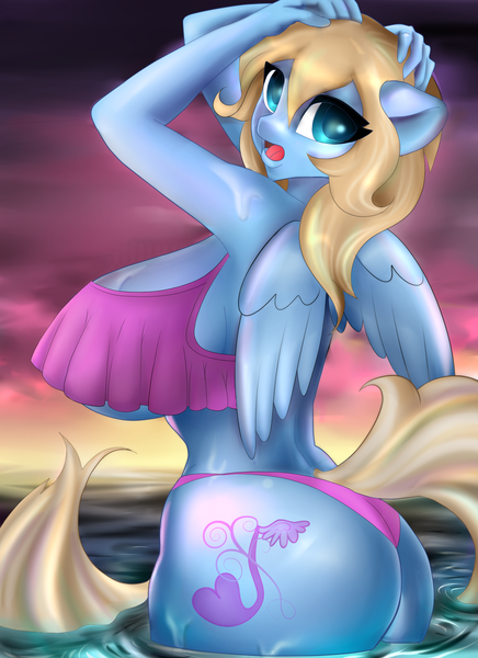 Size: 2800x3850 | Tagged: anthro, anthro oc, anti-gravity boobs, artist:stylesuns, ass, big breasts, bikini, breasts, butt, clothes, commission, cutie mark, derpibooru import, female, huge breasts, large butt, looking at you, oc, ocean, oc:lusty symphony, pegasus, solo, solo female, suggestive, sunset, swimsuit, underboob, unofficial characters only, water, wings