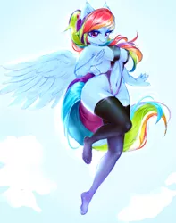 Size: 1030x1308 | Tagged: anthro, artist:haokan, breasts, busty rainbow dash, clothes, cute, derpibooru import, erect nipples, female, fly, flying, insect, looking at you, mare, nudity, pegasus, plantigrade anthro, rainbow dash, sexy, sketch, sky, smiling, smiling at you, socks, solo, solo female, stockings, stupid sexy rainbow dash, suggestive, suit, swimsuit, thigh highs, wings