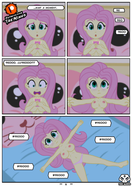 Size: 2480x3507 | Tagged: questionable, alternate version, artist:theminus, derpibooru import, fluttershy, bat pony, human, comic:fluttershy the dark secret, equestria girls, bed, belly button, blushing, breasts, busty fluttershy, cameltoe, clothes, comic, controller, female, flutterbat, joystick, lidded eyes, mobile phone, nipples, nudity, open mouth, panties, partial nudity, patreon, patreon logo, phone, pillow, pink underwear, playing, race swap, shocked, sitting, solo, solo female, swirly eyes, topless, underwear, wide eyes