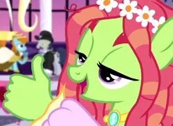 Size: 706x516 | Tagged: safe, artist:dwk, derpibooru import, edit, edited screencap, screencap, tree hugger, earth pony, pony, totally legit recap, make new friends but keep discord, female, hand, smiling, solo, solo focus, squint, suddenly hands, thumbs up, wat