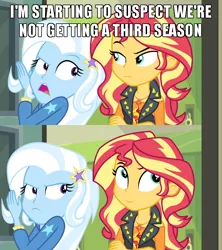 Size: 640x720 | Tagged: safe, derpibooru import, edit, edited screencap, screencap, sunset shimmer, trixie, equestria girls, equestria girls series, forgotten friendship, captain obvious, caption, comic, image macro, meme, meta, no shit sherlock, screencap comic, smiling, smirk, text, the end of equestria girls, trixie yells at everything