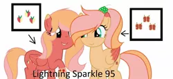 Size: 1280x584 | Tagged: safe, artist:lightningsparkle95, derpibooru import, oc, oc:honey mac, oc:sun shy, pegasus, pony, cutie mark, duo, female, green eyes, offspring, orange coat, parent:big macintosh, parent:fluttershy, parents:fluttermac, pony only, red coat, siblings, simple background, sisters, two toned mane, two toned tail, two toned wings, wings