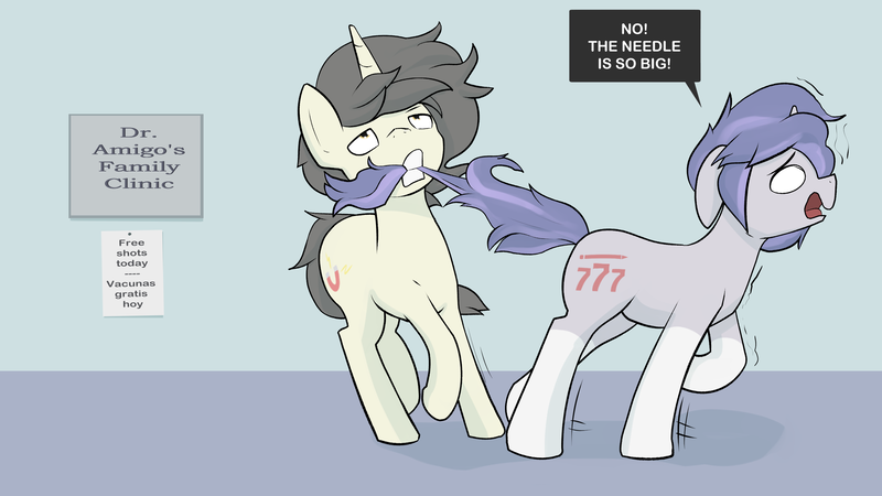 Size: 2800x1575 | Tagged: safe, artist:triplesevens, derpibooru import, oc, oc:short fuse, oc:triple sevens, unofficial characters only, pony, unicorn, dialogue, duo, horn, mouth hold, scared, socks (coat marking), speech bubble, tail, tail pull, trypanophobia, unicorn oc