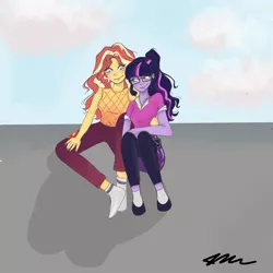 Size: 1080x1080 | Tagged: safe, artist:_denart, derpibooru import, sci-twi, sunset shimmer, twilight sparkle, equestria girls, clothes, cloud, female, glasses, lesbian, outdoors, scitwishimmer, shipping, shoes, signature, socks, sunsetsparkle