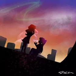 Size: 1080x1080 | Tagged: safe, artist:_denart, derpibooru import, sci-twi, sunset shimmer, twilight sparkle, equestria girls, aurora borealis, cemetery, clothes, engagement ring, female, jewelry, lesbian, ring, scitwishimmer, shipping, signature, silhouette, sunsetsparkle, twilight (astronomy)