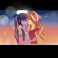 Size: 1080x1080 | Tagged: safe, artist:_denart, derpibooru import, sci-twi, sunset shimmer, twilight sparkle, equestria girls, clothes, eyes closed, female, glasses, hug, lesbian, scitwishimmer, shipping, signature, smiling, sunsetsparkle