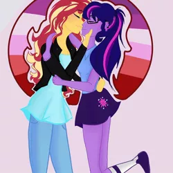 Size: 1080x1080 | Tagged: safe, artist:_denart, derpibooru import, sci-twi, sunset shimmer, twilight sparkle, equestria girls, clothes, cutie mark, cutie mark on clothes, female, glasses, kissing, lesbian, pride flag, scitwishimmer, shipping, shoes, skirt, socks, sunsetsparkle