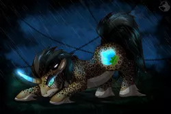 Size: 1280x853 | Tagged: safe, artist:isuna, derpibooru import, oc, oc:kia wolfszhan, unofficial characters only, pony, unicorn, were-pony, commission, cutie mark, digital art, face down ass up, glowing eyes, glowing horn, horn, male, rain, stallion, tail, ych result
