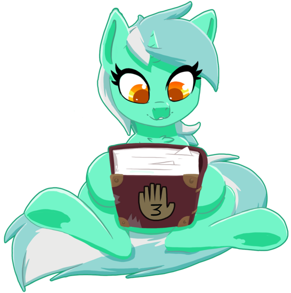 Size: 1048x1053 | Tagged: safe, artist:ikarooz, derpibooru import, lyra heartstrings, pony, unicorn, atg 2020, book, chest fluff, colored pupils, female, gravity falls, hand, journal #3, mare, newbie artist training grounds, simple background, sitting, solo, that pony sure does love hands, transparent background