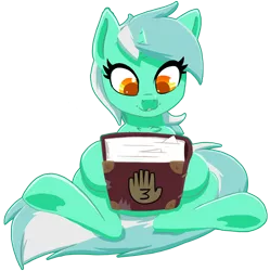 Size: 1048x1053 | Tagged: safe, artist:ikarooz, derpibooru import, lyra heartstrings, pony, unicorn, atg 2020, book, chest fluff, colored pupils, female, gravity falls, hand, journal #3, mare, newbie artist training grounds, simple background, sitting, solo, that pony sure does love hands, transparent background