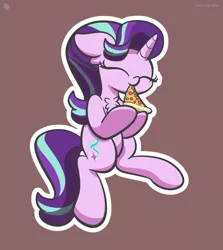 Size: 1920x2153 | Tagged: safe, artist:kimjoman, derpibooru import, starlight glimmer, pony, unicorn, brown background, chest fluff, cute, eating, everything is ruined, eyes closed, female, floppy ears, food, glimmerbetes, mare, meat, moral event horizon, pepperoni, pepperoni pizza, pineapple, pineapple pizza, pizza, pure unfiltered evil, simple background, solo, that pony sure does love pineapple pizza