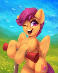 Size: 1624x2048 | Tagged: safe, artist:amishy, derpibooru import, scootaloo, bird, pegasus, pony, bipedal, cute, cutealoo, female, filly, one eye closed, open mouth, redraw, scooter, solo
