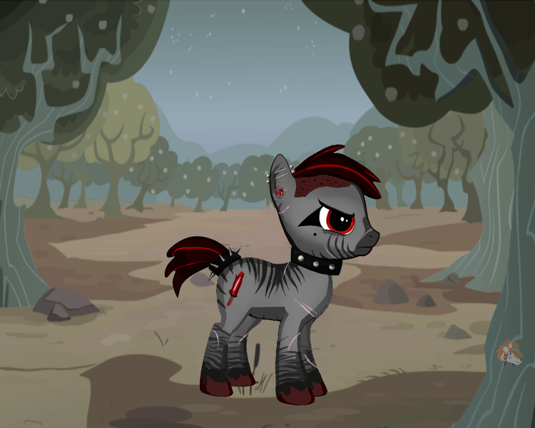 Size: 1500x1200 | Tagged: semi-grimdark, artist:firehearttheinferno, derpibooru import, oc, oc:bloody gash, hybrid, pony, zony, fallout equestria, pony creator, 3d, backstory in description, beauty mark, black and red mane, blood, bullet cap, choker, collar, color, cutie mark, dagger, dead forest, dead tree, description is relevant, digital, dirt, ear piercing, earring, ex-raider, eye tattoo, eyeliner, fallout, female, filly, gray coat, jewelry, leather, makeup, mohawk, night, orchard, piercing, ponylumen, raider, red eyes, ruby, scar, scarred, serious, solo, spiked collar, stripes, studded choker, teenager, tree, undershave, unshorn fetlocks, wasteland, weapon, zony oc