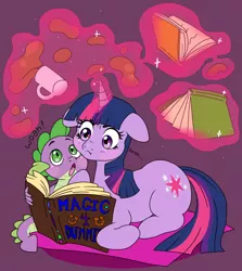 Size: 1250x1400 | Tagged: safe, artist:merribearrr, derpibooru import, spike, twilight sparkle, dragon, pony, unicorn, :t, book, coffee, coffee mug, cute, duo, female, floppy ears, magic, male, mare, mug, open mouth, ponyloaf, prone, reading, spellbook, telekinesis, unicorn twilight