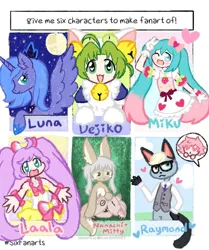 Size: 1024x1222 | Tagged: safe, artist:flustershy, derpibooru import, princess luna, alicorn, anthro, cat, human, pony, six fanarts, :d, animal crossing, anthro with ponies, bell, cat bell, catgirl, clothes, crossover, dejiko, di gi charat, full moon, glasses, hatsune miku, heart, heart eyes, hoof shoes, laala manaka, made in abyss, moon, nanachi, necktie, night, one eye closed, open mouth, peace sign, peytral, pripara, raymond, s1 luna, skirt, smiling, stars, villager, vocaloid, wingding eyes, wink