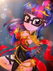 Size: 1800x2400 | Tagged: safe, artist:artmlpk, derpibooru import, sci-twi, twilight sparkle, equestria girls, adorable face, adorasexy, adorkable, alternate hairstyle, armor, bare chest, beautiful, black dress, clothes, crown, cute, design, digital art, dork, dress, fantasy, fantasy class, glasses, gloves, hair, hand on hip, hips, jewelry, long gloves, looking at you, regalia, ruby, sexy, side slit, smiling, smiling at you, solo, sunflare, twiabetes, warrior, watermark