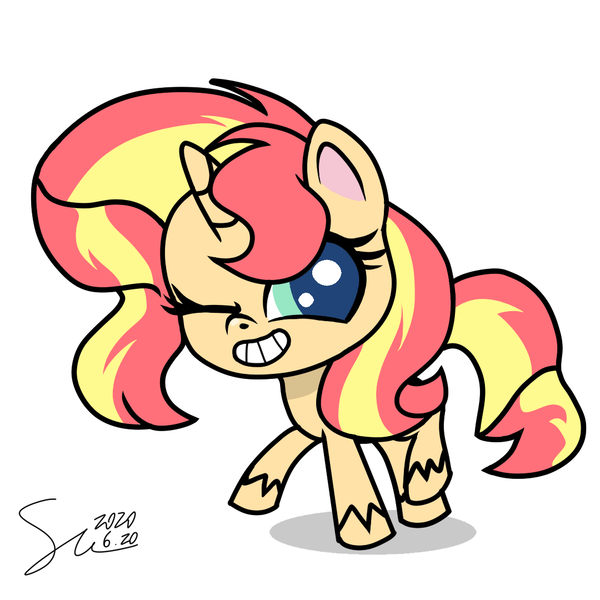 Size: 1080x1080 | Tagged: safe, artist:starflashing twinkle, derpibooru import, sunset shimmer, pony, unicorn, my little pony: pony life, cute, female, g4 to g4.5, mare, one eye closed, shimmerbetes, simple background, solo, white background, wink