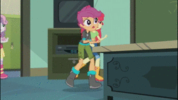 Size: 1280x720 | Tagged: safe, derpibooru import, screencap, apple bloom, cranky doodle donkey, scootaloo, sweetie belle, equestria girls, equestria girls series, happily ever after party, animated, belt, boots, clothes, cropped, cutie mark crusaders, desk, door, frown, happily ever after party: rainbow dash, hoodie, jacket, jeans, no sound, pants, pointing, shirt, shoes, shorts, skirt, webm, worried