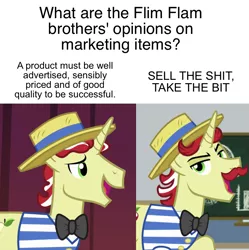 Size: 809x811 | Tagged: safe, derpibooru import, edit, edited screencap, screencap, flam, flim, unicorn, friendship university, viva las pegasus, flim flam brothers, mario brothers' views, meme, vulgar