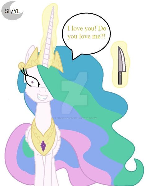 Size: 800x1000 | Tagged: safe, artist:princesslunayay, derpibooru import, princess celestia, alicorn, pony, crazy face, crown, deviantart, deviantart watermark, ethereal mane, faic, female, glowing horn, hair over one eye, horn, jewelry, knife, logo, looking at you, magic, mare, multicolored mane, necklace, obtrusive watermark, regalia, shrunken pupils, solo, speech, speech bubble, talking, talking to viewer, teeth, telekinesis, text, watermark, yandere, yanderelestia