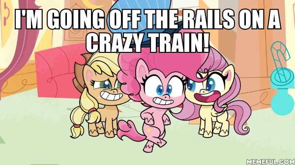 Size: 600x337 | Tagged: safe, derpibooru import, edit, edited screencap, screencap, applejack, fluttershy, pinkie pie, earth pony, pegasus, pony, my little pony: pony life, the trail less trotten, spoiler:pony life s01e07, bipedal, caption, crazy train (song), hat, image macro, ozzy osbourne, song reference, text