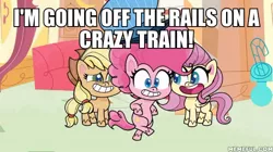 Size: 600x337 | Tagged: safe, derpibooru import, edit, edited screencap, screencap, applejack, fluttershy, pinkie pie, earth pony, pegasus, pony, my little pony: pony life, the trail less trotten, spoiler:pony life s01e07, bipedal, caption, crazy train (song), hat, image macro, ozzy osbourne, song reference, text