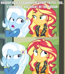 Size: 1593x1792 | Tagged: safe, derpibooru import, edit, edited screencap, screencap, sunset shimmer, trixie, equestria girls, equestria girls series, forgotten friendship, avatar the last airbender, captain obvious, caption, comic, crossed arms, exploitable meme, eyeroll, geode of empathy, image macro, impact font, magical geodes, meme, no shit sherlock, quote, reference, screencap comic, smiling, smirk, text, trixie yells at everything