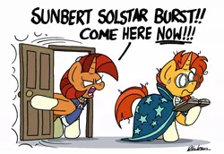 Size: 1024x706 | Tagged: safe, artist:bobthedalek, derpibooru import, stellar flare, sunburst, pony, unicorn, angry, atg 2020, book, door, female, full name, male, mother and child, mother and son, mothers gonna mother, newbie artist training grounds, oh shit, simple background, stellar flare is not amused, sweat, sweatdrop, this will end in grounding, this will end in tears, uh oh, white background