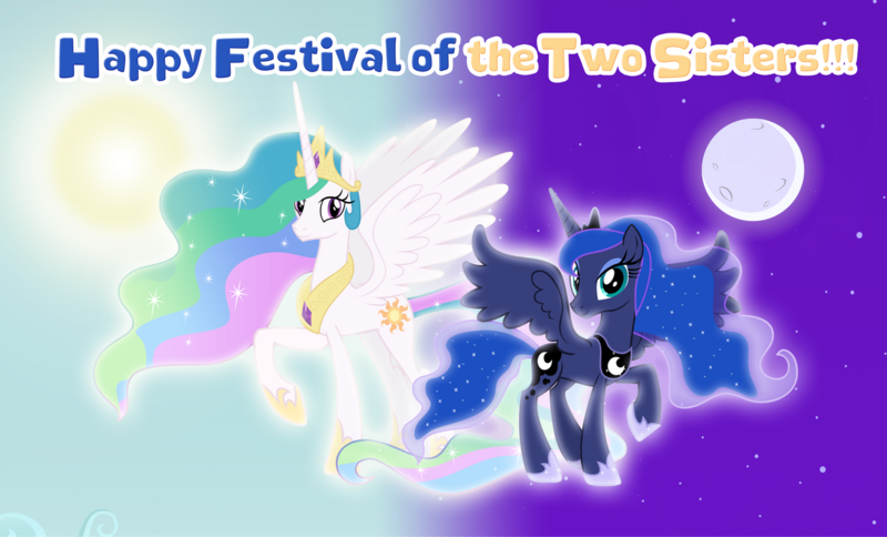 Size: 1280x774 | Tagged: artist:andoanimalia, artist:estories:, artist:kishmond, artist:misteraibo, day, derpibooru import, festival of the two sisters, moon, night, princess celestia, princess luna, safe, summer sun celebration, sun