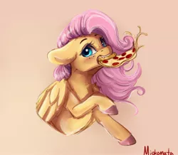 Size: 3208x2799 | Tagged: safe, artist:miokomata, derpibooru import, fluttershy, pegasus, pony, blushing, colored hooves, female, floppy ears, food, freckles, freckleshy, mare, meat, mouth hold, pepperoni, pepperoni pizza, pizza, ponies eating meat, signature, simple background, solo