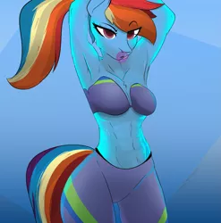 Size: 2691x2722 | Tagged: abs, alternate hairstyle, anthro, arm behind head, armpits, artist:therealf1rebird, belly button, breasts, bubblegum, buckball fan gear rainbow dash, clothes, derpibooru import, female, fit, food, gum, jacket, looking at you, mare, muscles, pants, ponytail, rainbow dash, solo, solo female, sports, sports bra, suggestive, sweat, sweatpants, wingless, wingless anthro